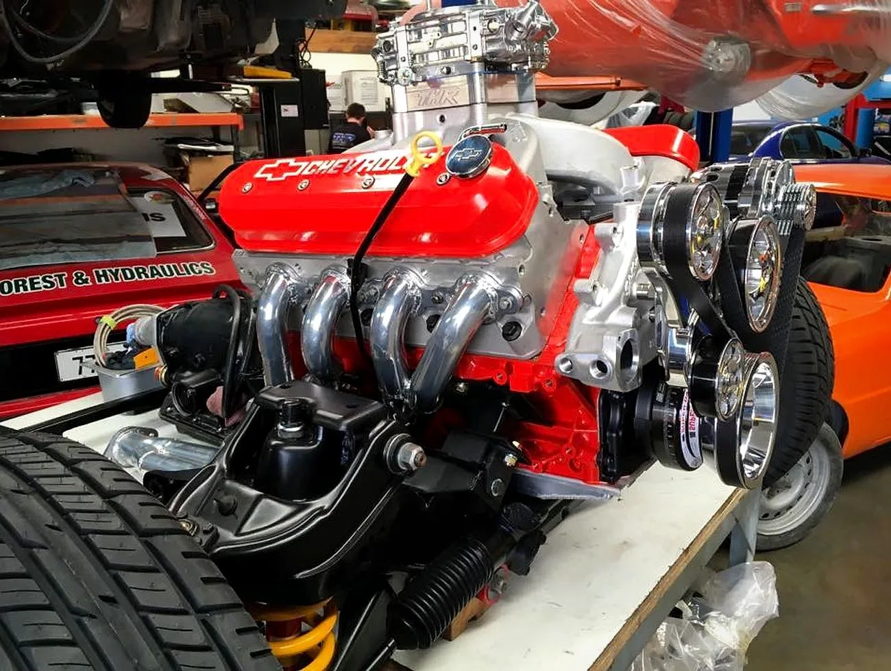 Supercharged Chevrolet engine build on the stand at THR Developments